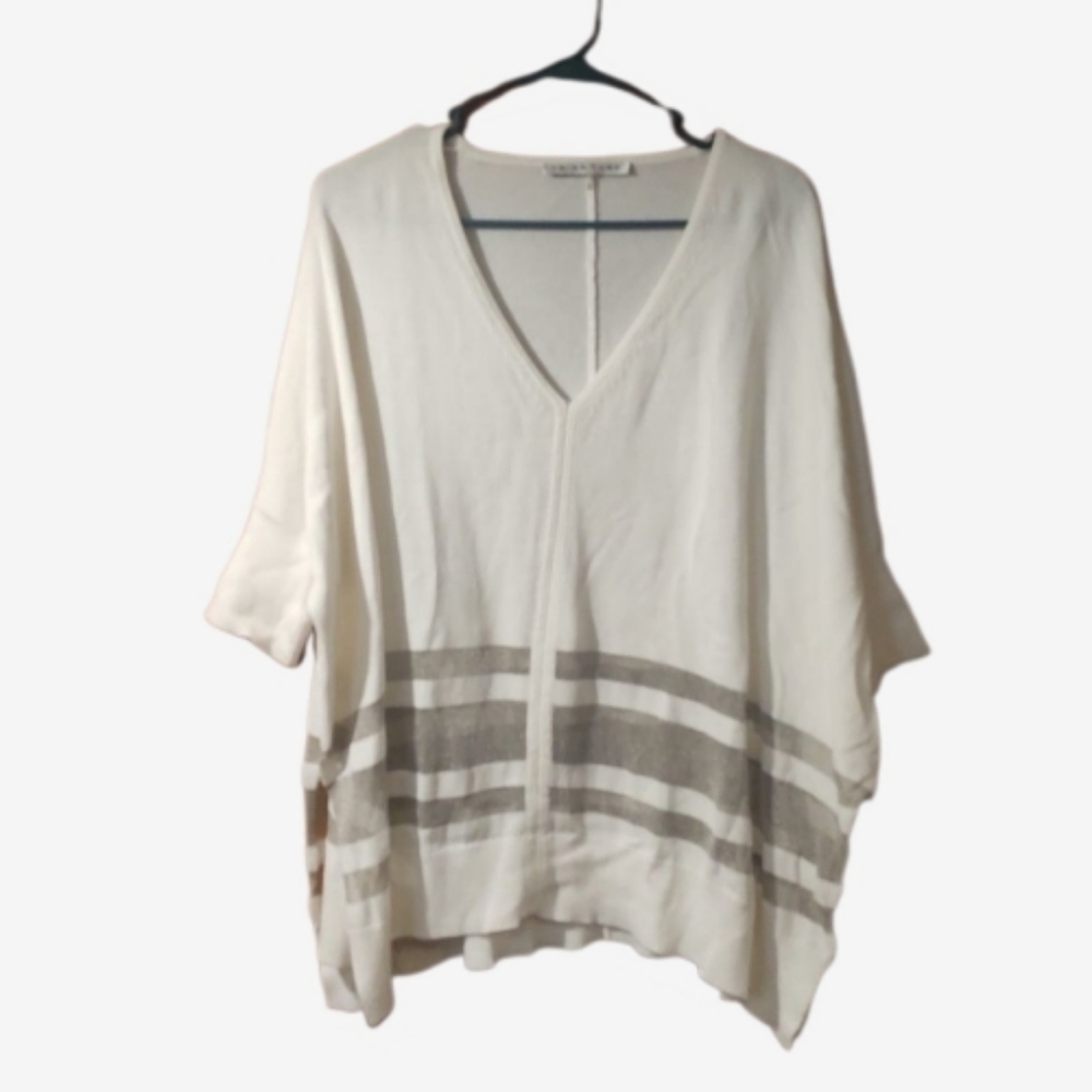 TRINA TURK | KIMONO STYLE SWEATER WITH METALLIC MESH STRIPES
